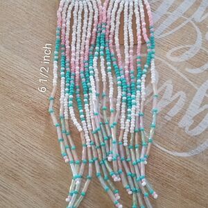 Beaded Fringe Earrings in Pink, White, and Turquoise